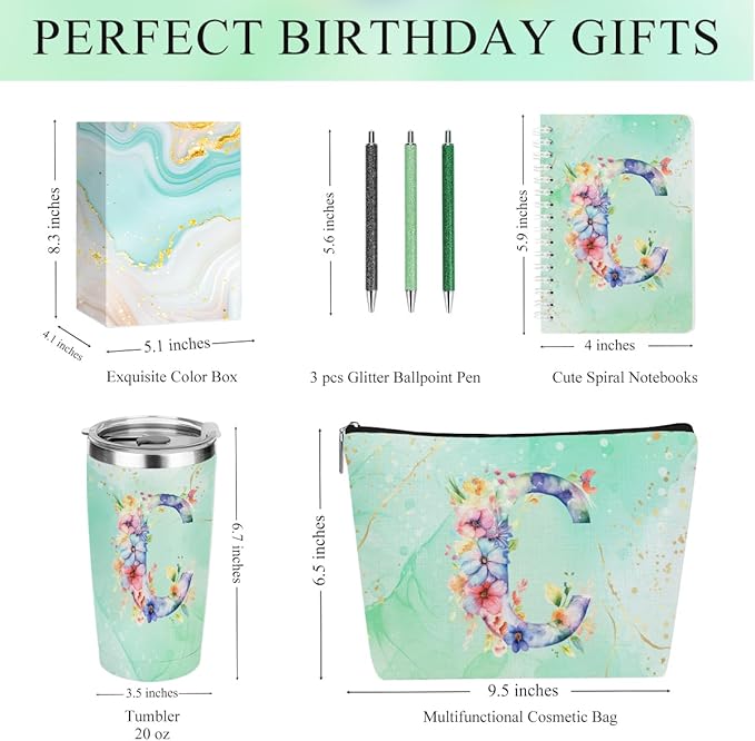 Personalized Gifts Monogrammed Birthday Gifts for Women, Cowerker Wife Sister Wedding Christmas Initial 20 oz Tumbler, Makeup Bag Cup Ballpoint Pens Journal Notebook 6 Set, (Aesthetic Green Flower C)