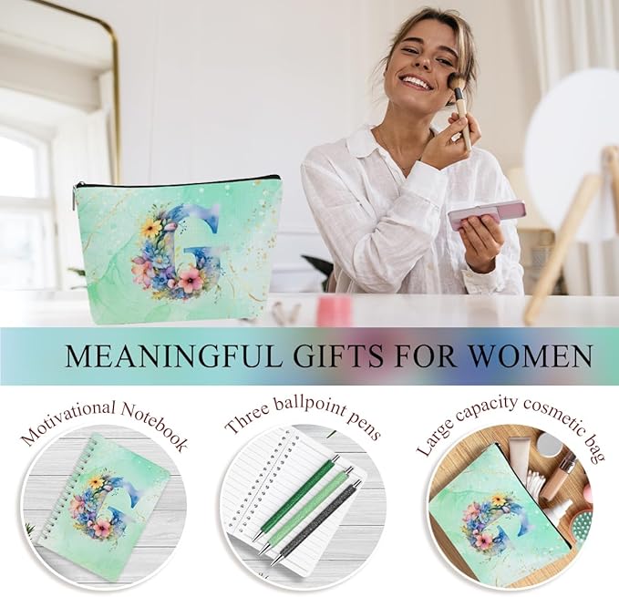 Personalized Gifts Monogrammed Birthday Gifts for Women, Mentor Employee Boss Day Christmas Initial 20 oz Tumbler, Makeup Bag Cup Ballpoint Pens Journal Notebook 6 Set, (Aesthetic Green Flower G)