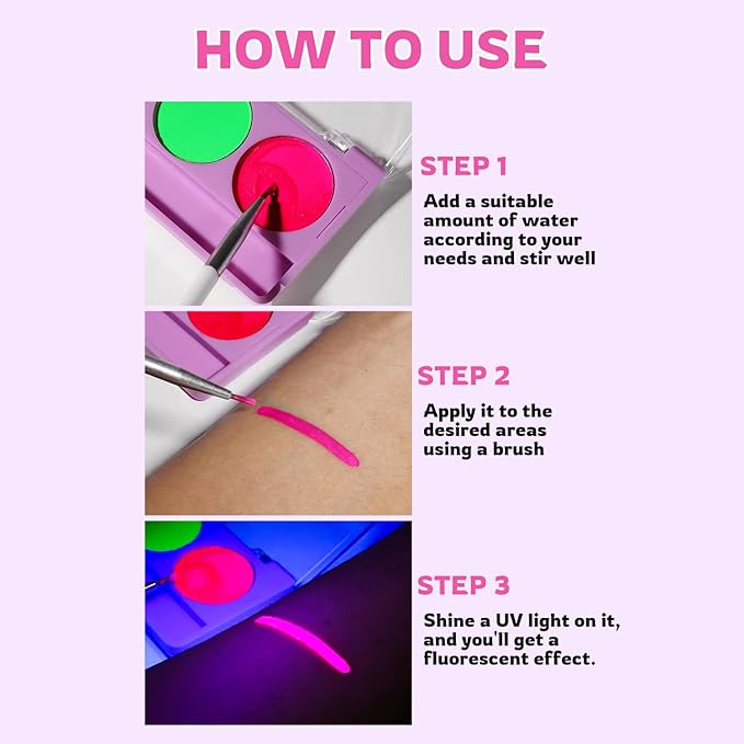 YOUNG VISION 2-PACK Water-Activated Face & Body Paint Palette Set – Neon Fluorescent, Glow Under UV and Blacklight, FX Makeup for Face Painting, Blacklight Glow, Eyeliner, and Body Art