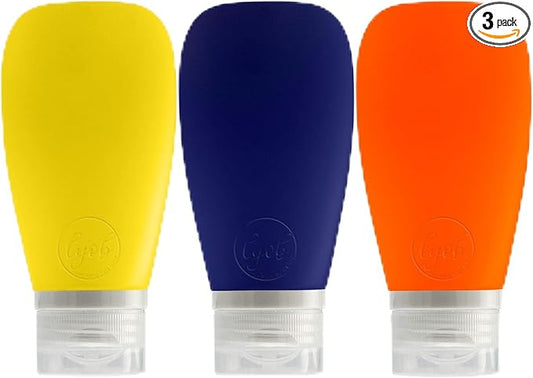 Travel Bottles for Toiletries, TSA Approved 3oz Leak Proof Silicone Refillable Squeeze Travel Size Containers BPA Free for Cleansers, Lotions, Shampoo 3pk (Orange-Blue-Yellow).