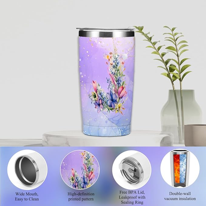 Personalized Gifts Monogrammed Birthday Gifts for Women, Maid of Honor Bachelorette Wedding Christmas Initial 20 oz Tumbler, Makeup Bag Cup Pens Journal Notebook 6 Set, (Aesthetic Purple Flower J)