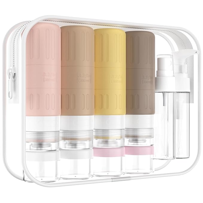 GLAMFIELDS Travel Bottles for Toiletries,TSA Approved 3.3oz Size LeakProof Silicone Toiletry Containers for Shampoo, Conditioner,Easy to Squeeze，Portable Travel Essentials for Lotion(18 Pack) Apricot