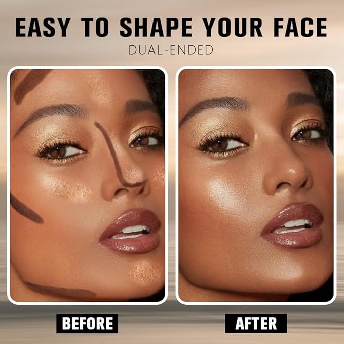 Black Cocoa + Bronzer Shimmer Contour Stick Dual Ended Face Body Makeup Waterproof no Transfer, 2 in 1 Cream Concealer Stick Contouring Makeup Kit, Nose Contour Bronzer Sticks Face Highlighter Make up