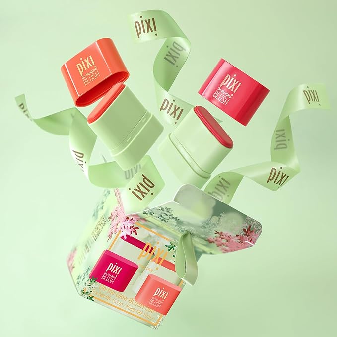 Pixi Beauty On-the-Glow Mini Blush Duo Holiday Ornament Gift Set | 2X Petite Size On-the-Glow Blush Sticks | Shades Ruby and Juicy