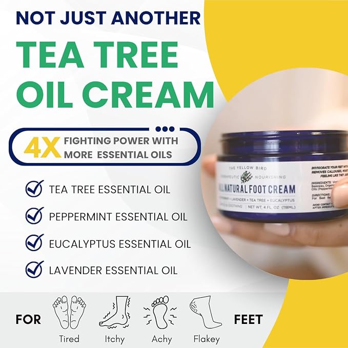 Yellow Bird Foot Cream – Hydrating Tea Tree Oil Foot Balm with Essential Oils. Natural Athletes Foot Treatment. Moisturizing Cracked Feet Repair & Callus Remover. Made In USA - 2 oz
