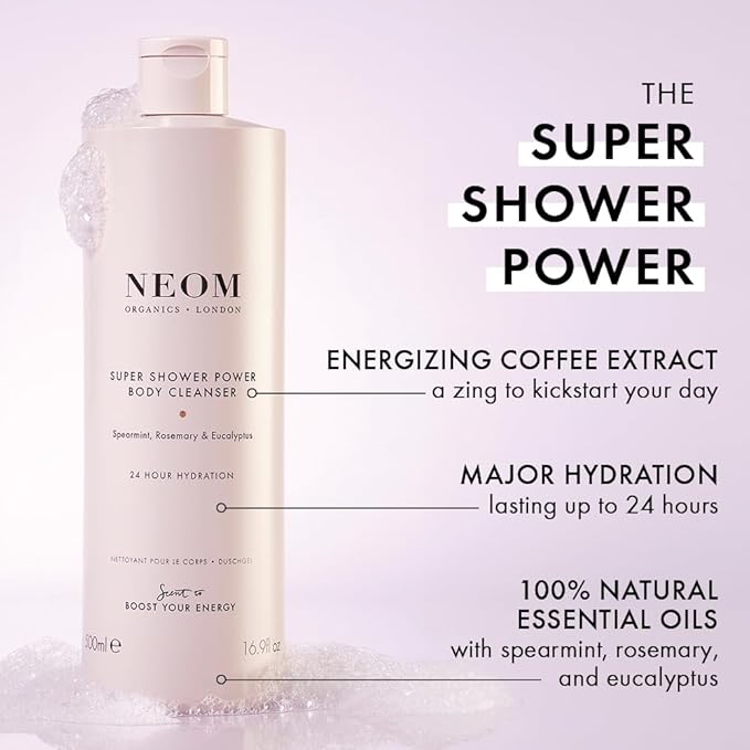Neom – Super Shower Power Body Cleanser Shower Gel, 500ml | Spearmint, Rosemary & Eucalyptus | Invigorating Fragrance, Hydrating & Nourishing | 100% Natural Fragrance