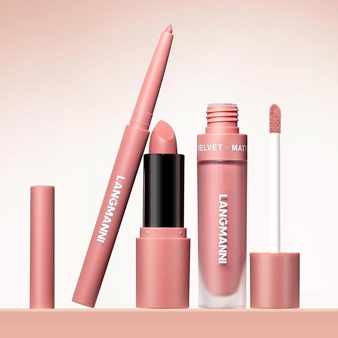 LANGMANNI 3 in 1 Matte Velvet Lipstick Set-Lip Liner,Lip Gloss and Lipstick Combo,Perfect for Natural Lip Contour,Waterproof And Longlasting Effect Lip Makeup,Unique Festival Gift (#03, Pack of 1)