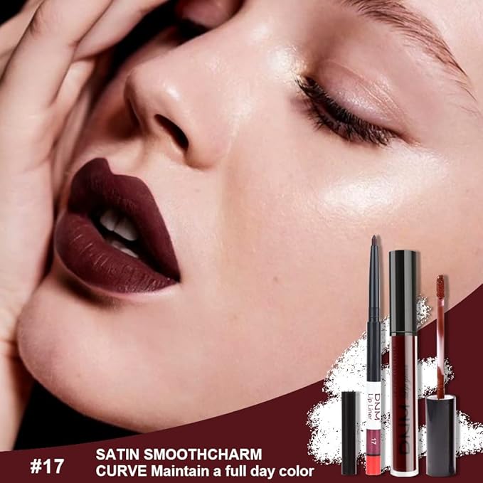 evpct 2Pcs Dark Deep Burgundy Red Matte Lipstick and Lip Liner Makeup Set for Women Dark Blood Red Liquid Matte Brown Lipstick Lip Liner Stain long lasting waterproof Permanent Lipsticks 24 hours 17#