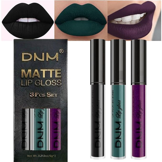 AMY'S DIARY Matte Dark Green Purple Black Plum Liquid Lipstick 3Pcs Sets,24-hour Lipstick Dark Deep Maroon Purple Plum black Lip Stain 24 Smudge Waterproof for Women (Set19)