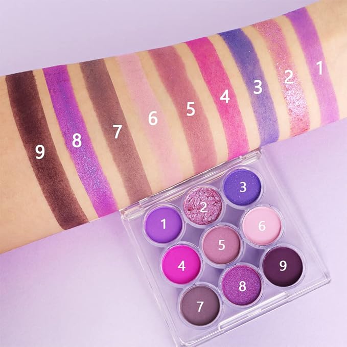 Waterproof 9-Color Shimmer & Matte Eyeshadow Palette – Long-Wearing, Highly Pigmented Glitter Powder with Matt Pink & Shiny Purple Shades.paleta de sombras