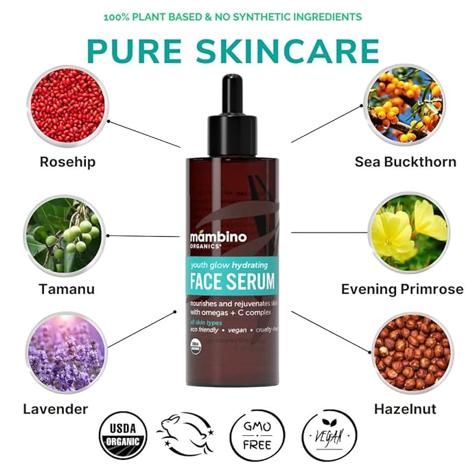 Mambino Organics Youth Glow Hydrating Serum – Organic, Face Serum with Namibian Marula – Nourishing Omegas & Vitamin C for Dryness, Dark Spots, Dullness – Cruelty-Free Skin Care, 1 fl oz