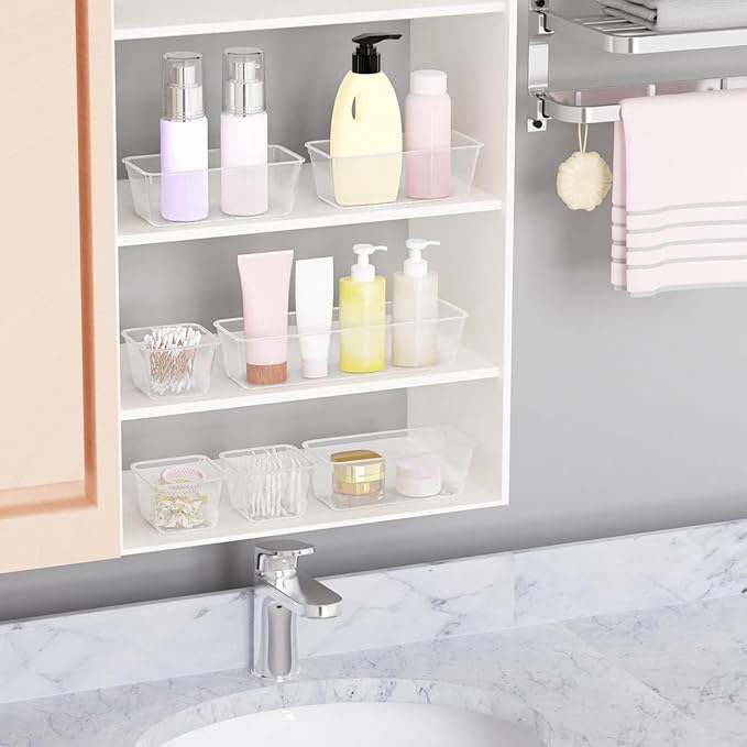 12 PCS Plastic Drawer Organizer Set, Sturdy 3-Size Makeup Vanity Desk Drawer Organizer Trays and Storage Bins for Cosmetics, Junk and Gadgets – Ideal for Bathroom, Bedroom, Office and Kitchen