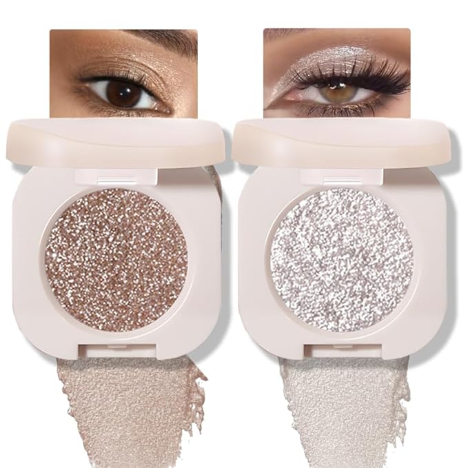 2Pcs Glitter Shimmer Sparkle Eyeshadow Palette Makeup For Older Women, Light Brown & Silver Glitter Shimmer Metallic Holographic Multichrome Cream Iridescent Single Monochrome Eye Shadow Makeup
