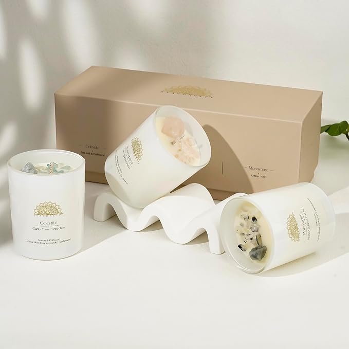 Soy Candles Healing Crystals.Rose Quartz,Moonstone,Blue Celestite Crystal. Black Currant&Rose, Amber Noir, Sea Salt&Drift Wood. Positivity Energy Gift for Women, 3PC Candle Set 3.5 oz Each