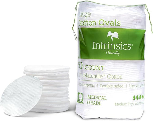 Intrinsics Premium Cotton Ovals (50 Count) – Dual-Sided 3” Medium-High Absorbency Large Cotton Pads, Lint-Free Hypoallergenic Cotton for Makeup Removal, Cleansing, and Exfoliation