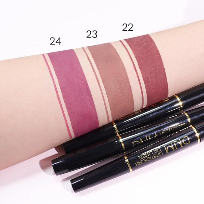 BINGBRUSH 3Pcs Double Ended Light Mauve Red Nude Beige Matte Lip Liner and Lipstick Makeup Combo Set for Women,Plum Rose Lipliner 24 Hours Original Waterproof Long Lasting Lip Stains Pencil Kit Set