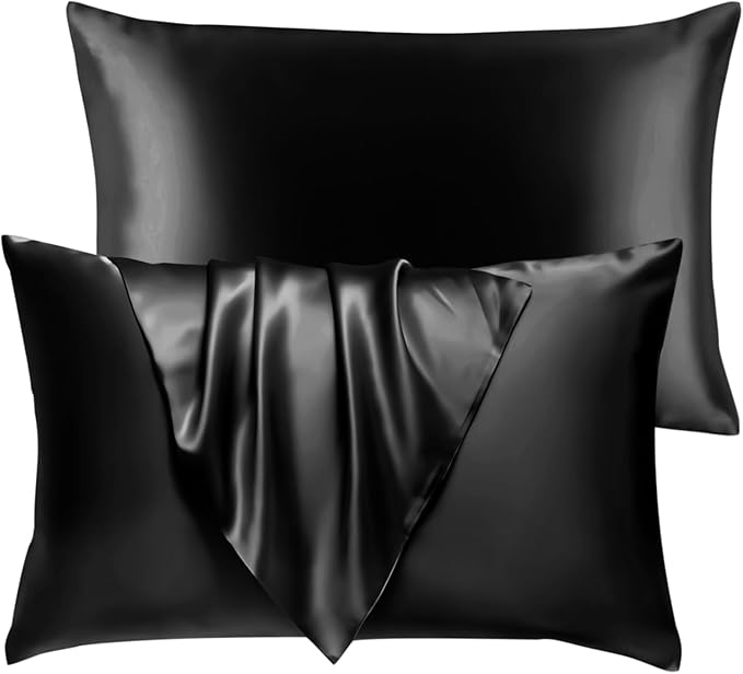 BHZ Satin Goose Down Feather Pillows Standard Size Set of 2 with Black Satin Pillowcase for Hair and Skin, Cooling Pillow Cases Similar to Silk Pillow Cases, Christmas Decor Gifts for Women, Mom Men