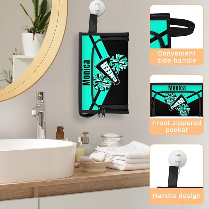 Custom-Makeup-Bag Personalized Travel Toiletry Bag Text Customized Cheer Makeup Bags Cosmetic Bags for Women With Divider & Handle Blue Green