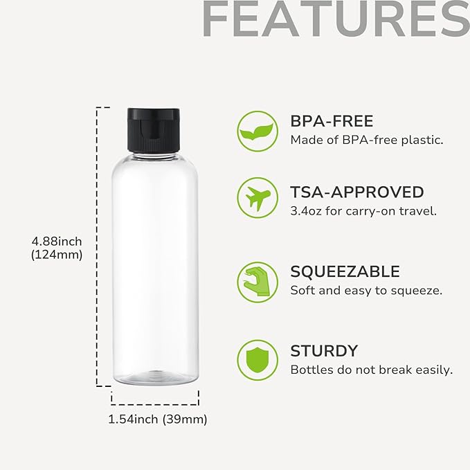 LISAPACK 3.4 oz Travel Bottles for Toiletries, Plastic Travel Size Containers for Shampoo Conditioner TSA Approved, Empty Small Squeeze for Lotion, Leak Proof Mini Liquid Tube for Refillable Clear