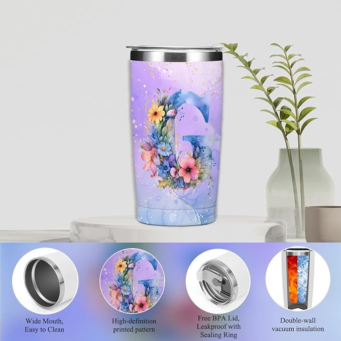 Personalized Gifts Monogrammed Birthday Gifts for Women, Her Employee Housewarming Christmas Initial 20 oz Tumbler, Makeup Bag Cup Ballpoint Pens Journal Notebook 6 Set, (Aesthetic Purple Flower G)