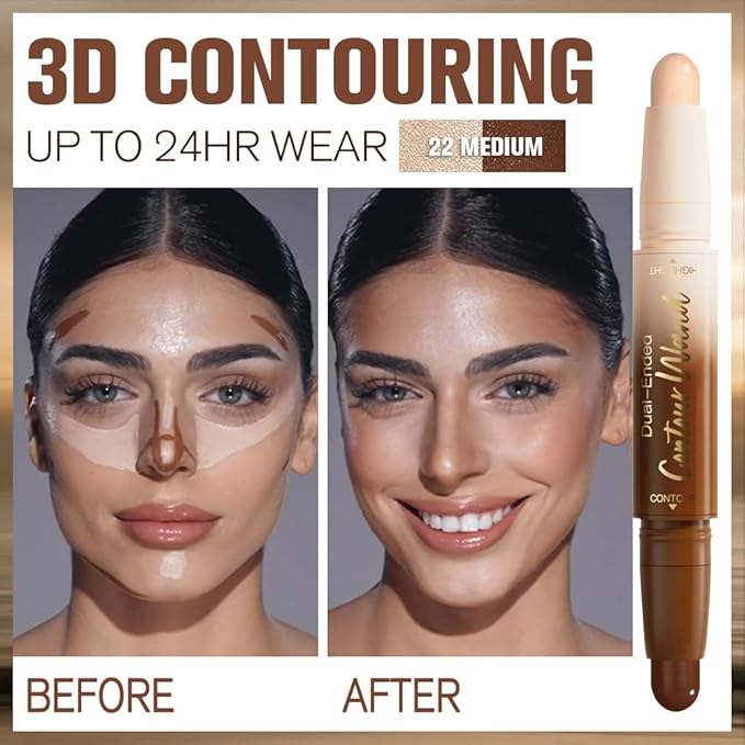 2Pcs Contour Stick Dual Ended Face Body Makeup Waterproof no Transfer, 2 in 1 Cream Concealer Stick Contouring Makeup Kit, Nose Contour Bronzer Sticks Face Highlighter Make up 22# + 24#