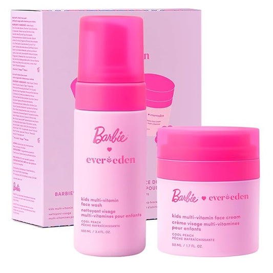 Evereden Barbie Limited Edition Kids Happy Face Duo + Exclusive Barbie Accessories | Multi-Vitamin Kids Face Wash & Cream Set with Stickers + Bracelets | Clean, Vegan Skin Care for Children 3+