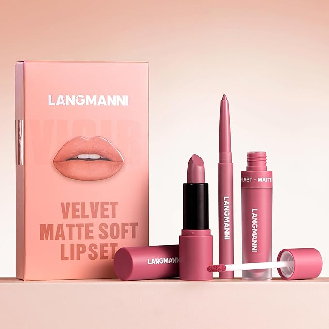 LANGMANNI 3 in 1 Matte Velvet Lipstick Set-Lip Liner,Lip Gloss and Lipstick Combo,Perfect for Natural Lip Contour,Waterproof And Longlasting Effect Lip Makeup,Unique Festival Gift (#06, Pack of 1)