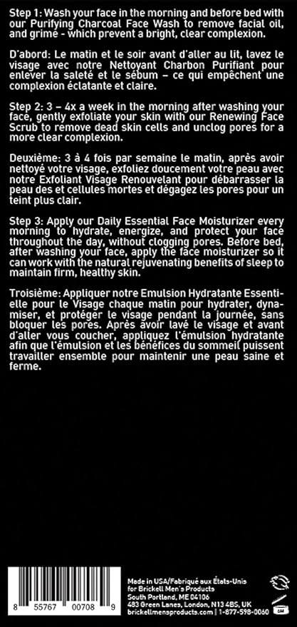 Brickell Men's Daily Advanced Face Care Routine II, Activated Charcoal Facial Cleanser, Face Scrub, Facial Moisturizer Lotion, Natural and Organic, Unscented