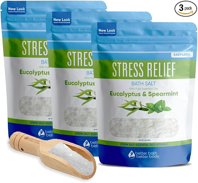 Stress Relief Bath Salt (3 Pack Plus Scoop) Epsom Salt Relaxing Bath with Eucalyptus and Spearmint Essential Oils Plus Vitamin C Crystals in BPA Free Pouch Made in USA 2 lbs Pouches 6 Lbs Total