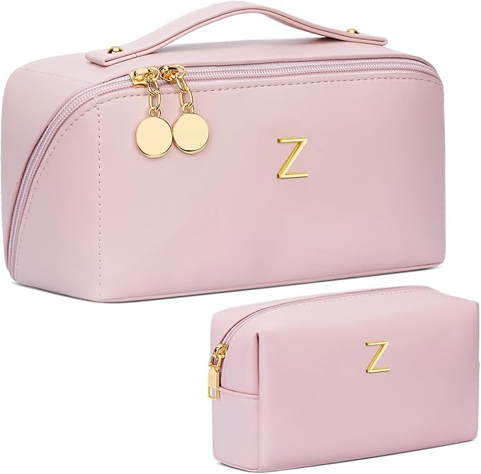 Birthday Gifts for Women Teen Girl, Personalized Initial Makeup Organizer Bag Set, Open Flat Travel Cosmetic Bag With Clear Divider and Handle(Pink,Z)