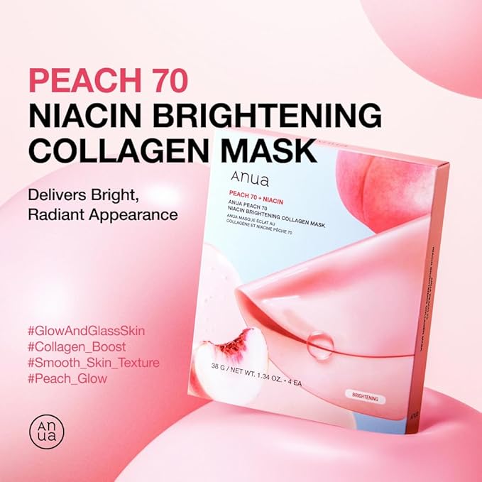ANUA Peach 70 Niacin Brightening Collagen Mask, Overnight Face Mask for Glass Skin, Niacinamide, Collagen Facial Mask, Glow up with Hydration, Natural Color, Korean Skin Care (38g, 4ea)