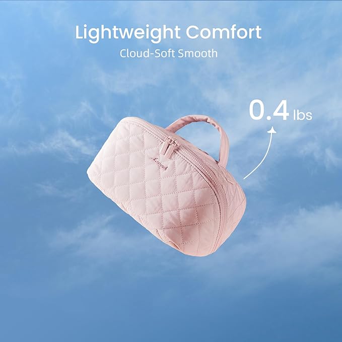 LOVEVOOK Travel Makeup Bag for Women, 2Pcs Puffer Waterproof Cosmetic Organizer, Large Capacity Pouch Open Flat Small Toiletry Bag with Brush Compartment & Handle, Portable Gift for Her, Pink