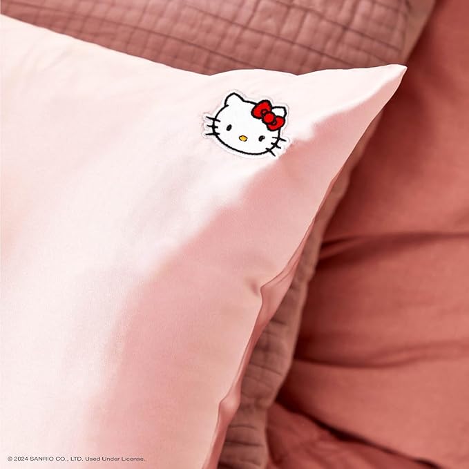 Kitsch x Hello Kitty (Pink Kitty Face) - Satin Pillowcase with Zipper for Hair and Skin, Softer Than Silk Pillow Case, Smooth Cooling Pillow Covers, Machine Washable, King Size (19x36)