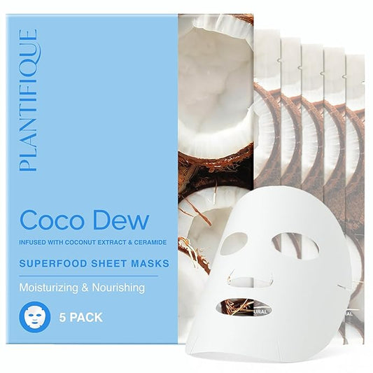 PLANTIFIQUE Facial Sheet Mask Coco Dew 5 Pack – Moisturizing Face Mask with Coconut & Ceramide – Radiant Skin Nourishing Korean Skincare Pack for All Skin Types