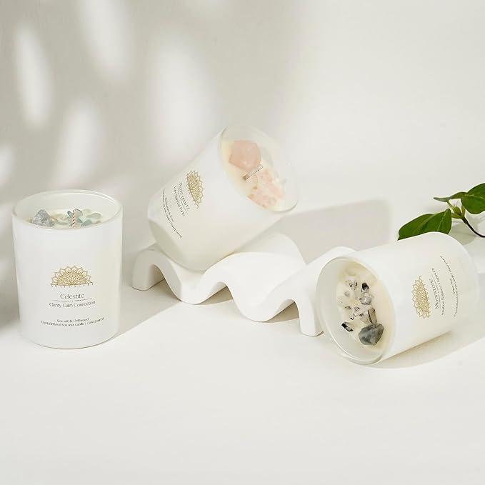 Soy Candles Healing Crystals.Rose Quartz,Moonstone,Blue Celestite Crystal. Black Currant&Rose, Amber Noir, Sea Salt&Drift Wood. Positivity Energy Gift for Women, 3PC Candle Set 3.5 oz Each