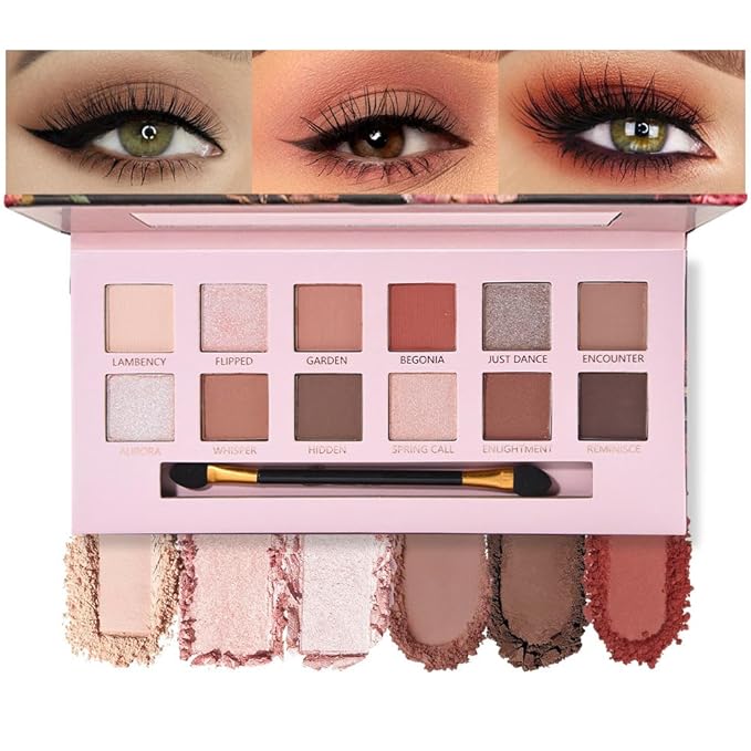 12Colors Eye Shadow Palette With Mirror and Brush,Nude Pink Brown Neutral Natural Eyeshadow Palette,Long Lasting Waterproof Travel Size Makeup Pallete