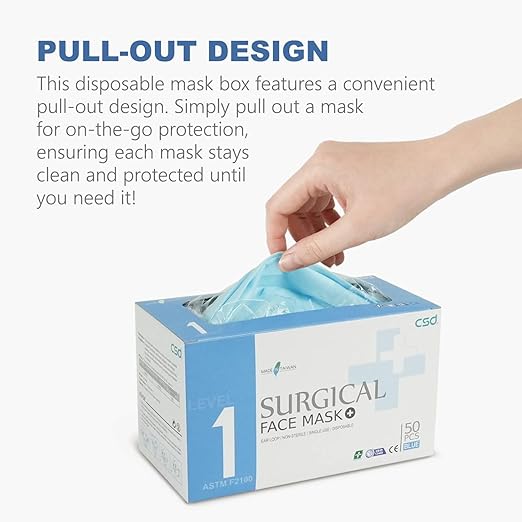 CSD Colo 50 Pcs ASTM Level 1 Disposable Face Masks, 3 Ply Adult Mask with Elastic Ear Loop, Nose Bridge Clip, Breathable Comfortable Mask Great for Indoor, Outdoors Use (Blue)