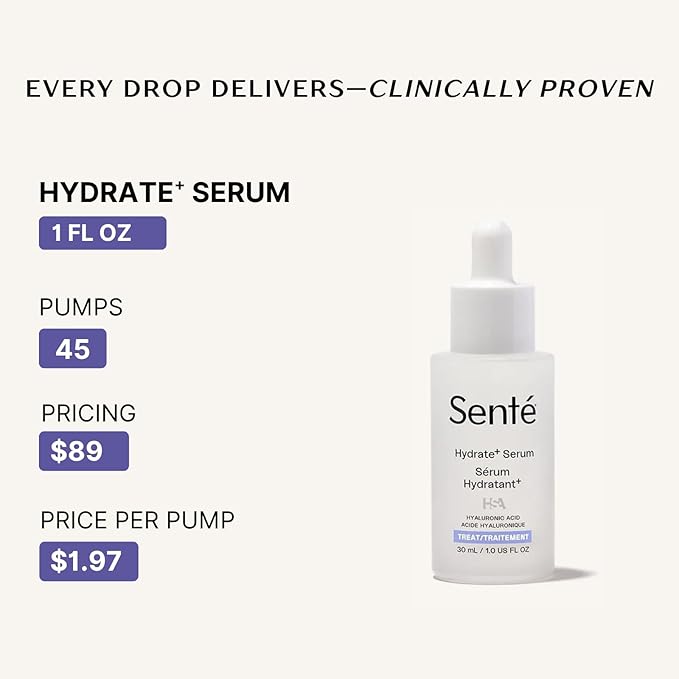 Senté Hydrate+ Serum | Hyaluronic Acid with HSA for Glass Skin | Deep Hydration, Barrier Support & Post-Procedure Care | Fast-Absorbing | Calms & Soothes | Paraben, Cruelty, Fragrance Free | 1.0 oz