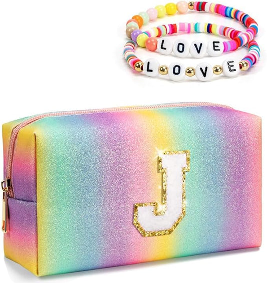 Birthday Gifts for Kids, Initial Makeup Bag with Chenille Letter, Rainbow Zipper Pouch, Girly Stuff for Little Girls Preteen Teens, Personalized Travel Toiletry Bag (Medium)