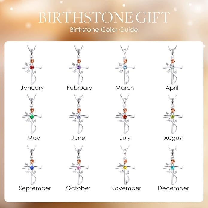 Cross Necklace for Women, 925 Sterling Silver Birthstone Necklace for Women with Rose Flower Birthstone Womens Jewelry Birthday Gifts for Wife Women