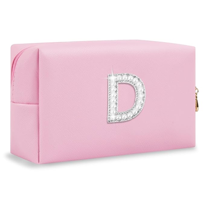 ChaoGreat Bride Gifts – Personalized Initial Makeup Bag with Pearl Rhinestone Patch, Preppy Pink Monogram Cosmetic/Toiletry Pouch, bridesmaid Gifts, Bridal Shower Gifts, Wedding Gifts, Bridal Gifts,D