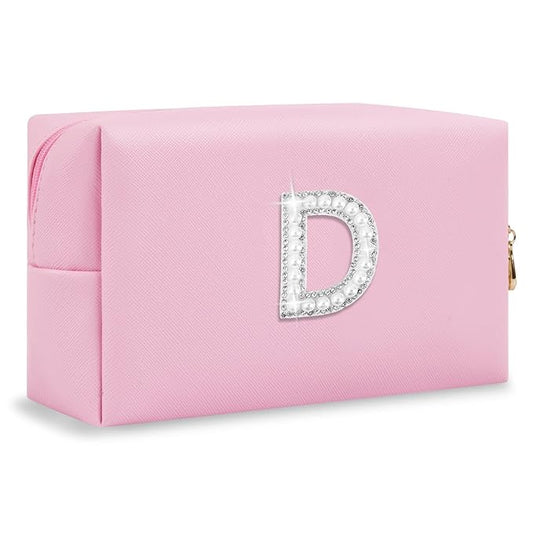 ChaoGreat Bride Gifts – Personalized Initial Makeup Bag with Pearl Rhinestone Patch, Preppy Pink Monogram Cosmetic/Toiletry Pouch, bridesmaid Gifts, Bridal Shower Gifts, Wedding Gifts, Bridal Gifts,D
