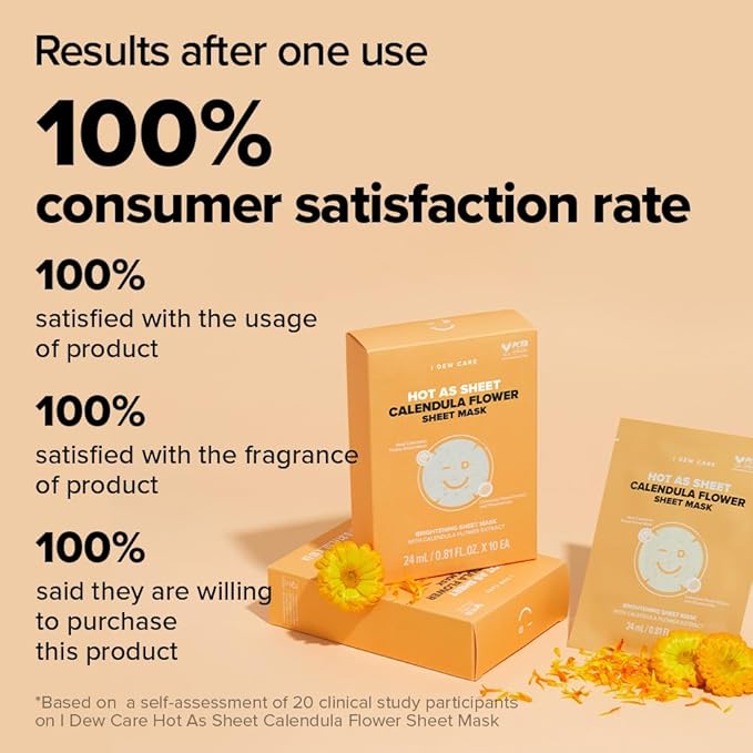 I DEW CARE Real Herb Calendula Sheet Face Mask - Hot As Sheet | Korean Face Masks Skincare, Moisturizing and Calming for Dry Skin with Calendula Flower Extract, 2% Niacinamide, 10EA