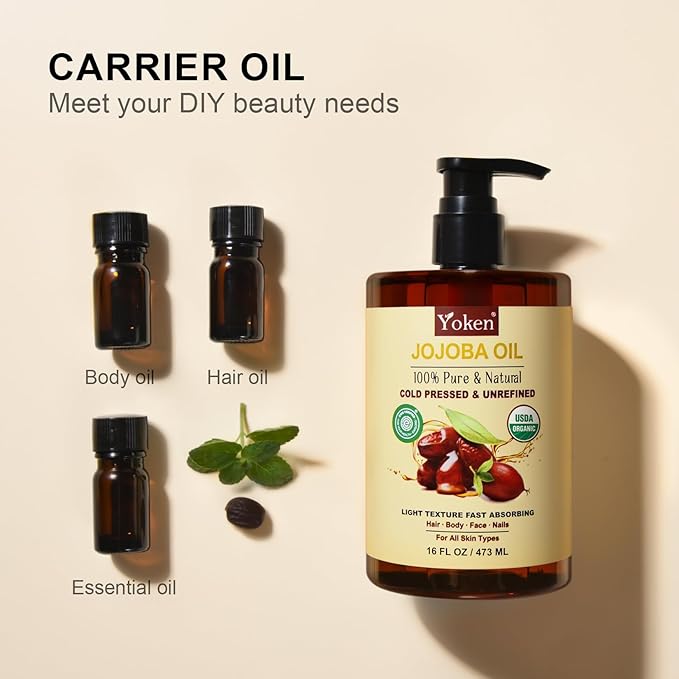 Pure Jojoba Oil Organic USDA Certified 16 fl oz, 100% Natural Jojoba Oil for Hair, Skin & Face, Cold Pressed Unrefined, Deeply Moisturizing Body Carrier Oils for Essential Oils Mixing
