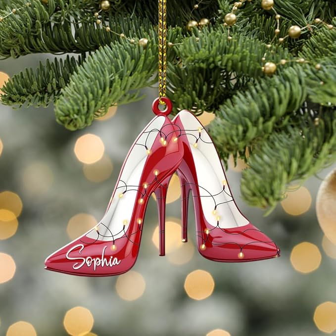 Personalized Name Red Shoes Christmas Shape Flat Ornament, Red High Heel Shoe Xmas Ornament, Shoe Lover Hanging Tree Keepsake, 99