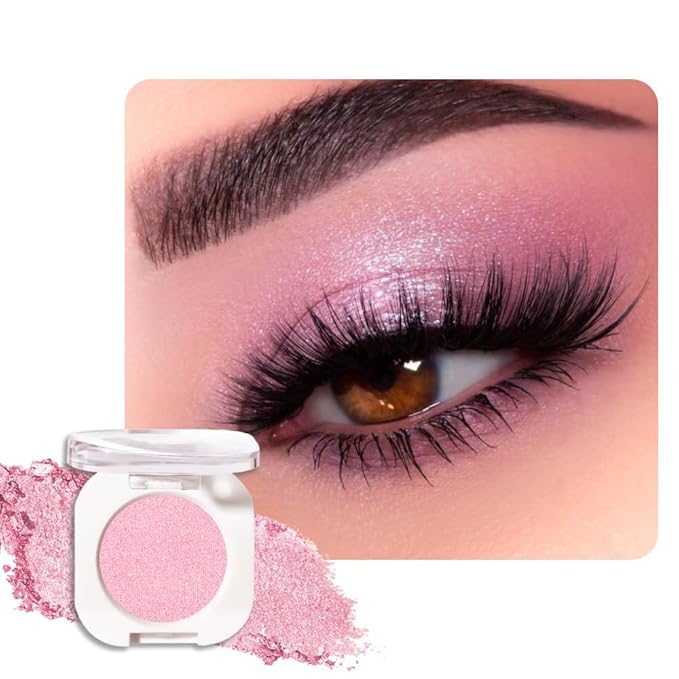Pink Single Shimmer Eyeshadow Makeup, Neutral Powde Eye Shadow for Women, Bright Light Pink Rose Glitter Sparkle Singles Eyeshadow Palette Pigmented Waterproof, Girls Monochrome Eyeshadows Gift