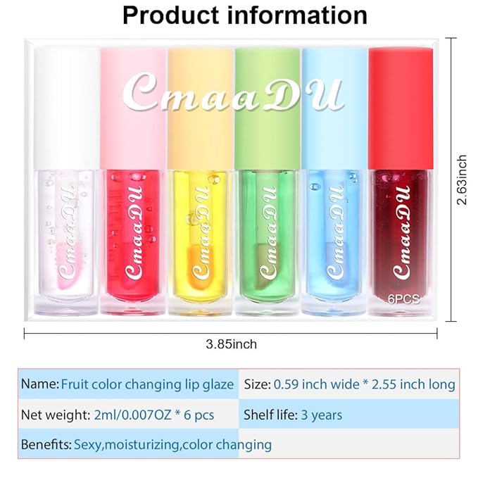 BINGBRUSH 6 Pcs Fruity Color Changing Lip Gloss, Pink Magic Mood Lip Oil Tinted, Temperature Color Change Lip Stain Lip Balm, Longlasting Lips Will Not Dry Out
