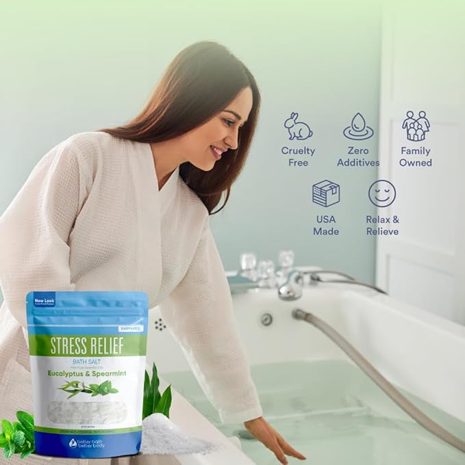 Stress Relief Bath Salt 32 Ounces (2 Lbs) USP Grade Epsom Salt with Natural Spearmint and Eucalyptus Essential Oils Plus Vitamin C in BPA Free Pouch with Easy Press Lock Seal Made in USA