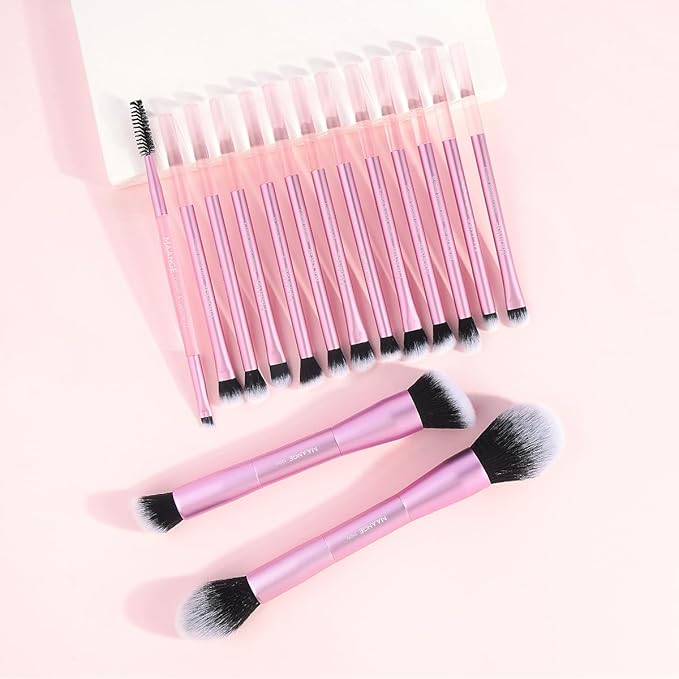 MAANGE 15 PCS Makeup Brushes Double-ended Makeup Brush Set Double Sided Angled/Round Top Brush Foundation Contour Blending Eyebrow Eyeshadow Concealer (Pink)