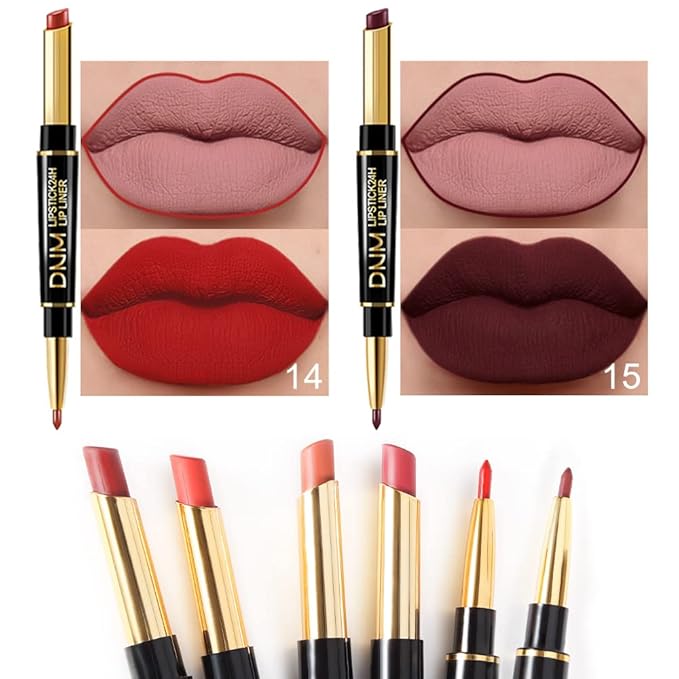 BINGBRUSH 6Pcs Double Ended Mauve Ruby Deep Red Matte Lip Liner and Lipstick Makeup Combo Set for Women, Light Brown Lipliner 24 Hours Original Waterproof Long Lasting Lip Stains Pencil Kit Set